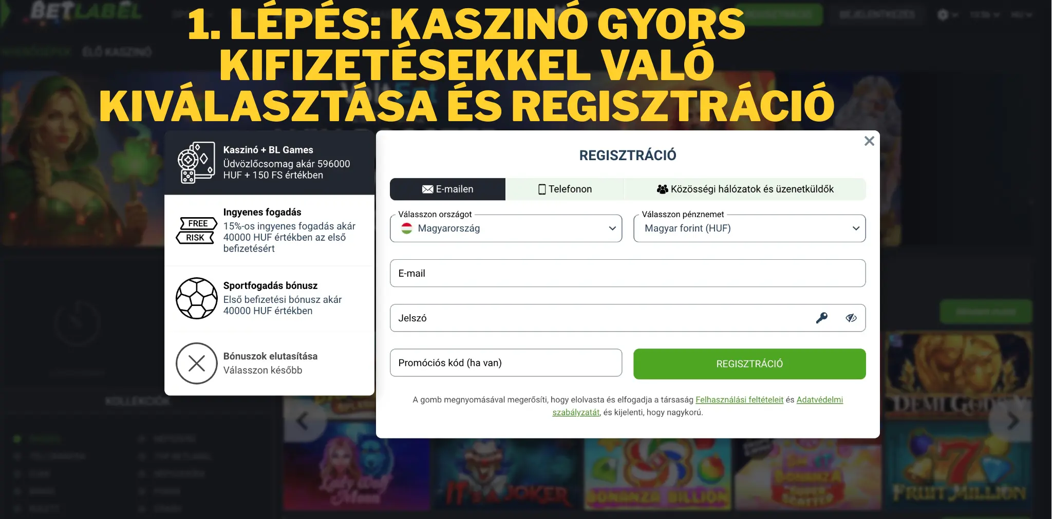 1. lépés: Kaszinó gyors kifizetésekkel való kiválasztása és regisztráció